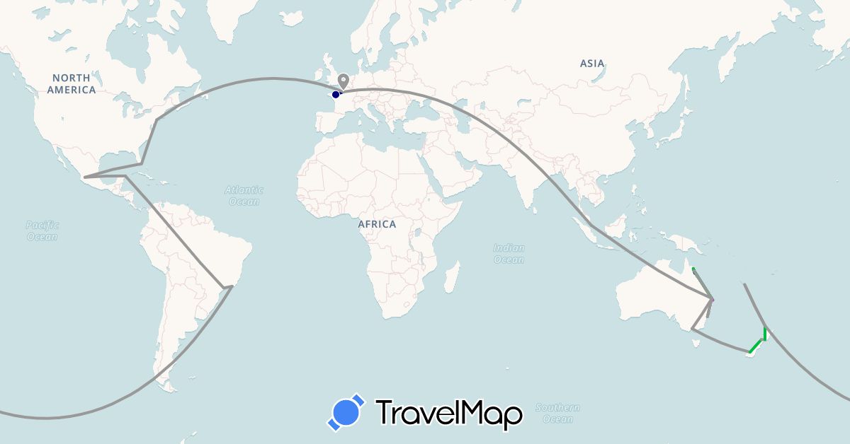 TravelMap itinerary: driving, bus, plane, train in Australia, Brazil, France, Mexico, New Caledonia, New Zealand, Singapore, United States (Asia, Europe, North America, Oceania, South America)